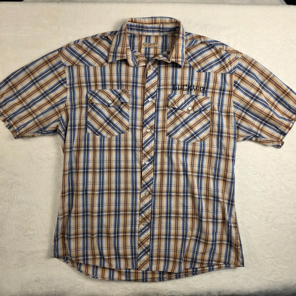 Lucky 13 Western Snap Shirt Mens L Blue Tan Plaid Excellent Blessed 13 Graphic